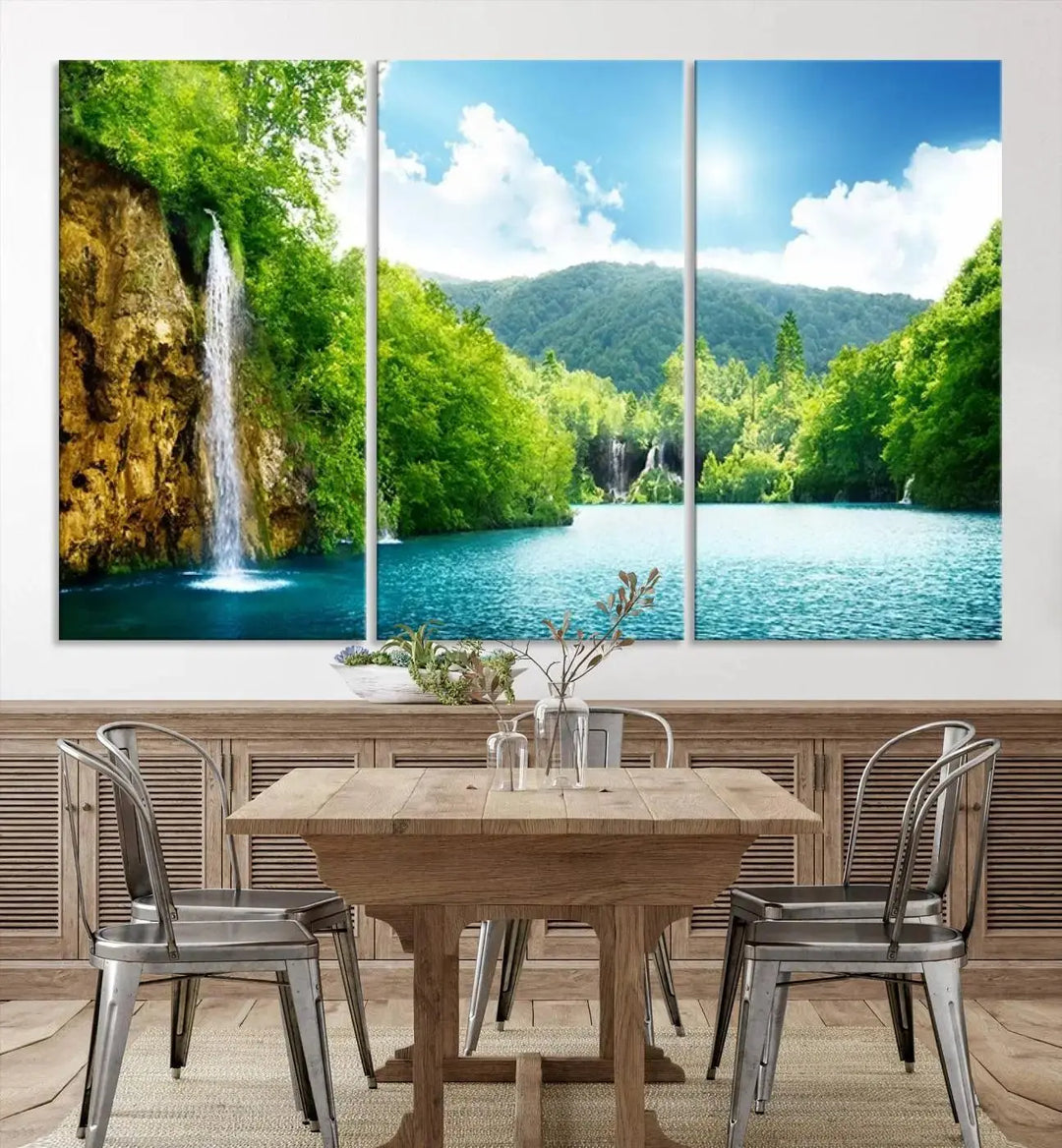 A triptych of big waterfalls in a forest with a mountain view, printed on museum-quality canvas with a UV-protective coating, is ready to elevate your space.