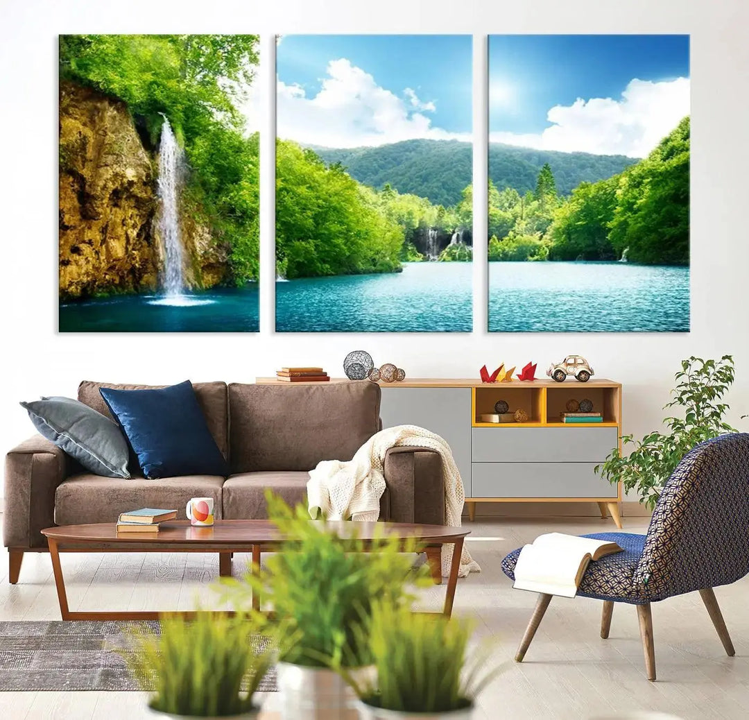 A triptych of big waterfalls in a forest with a mountain view, printed on museum-quality canvas with a UV-protective coating, is ready to elevate your space.