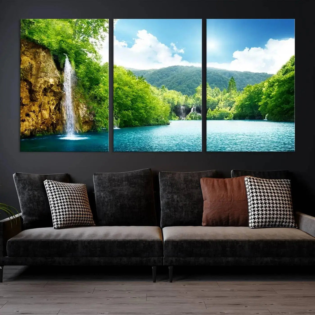 A triptych of big waterfalls in a forest with a mountain view, printed on museum-quality canvas with a UV-protective coating, is ready to elevate your space.