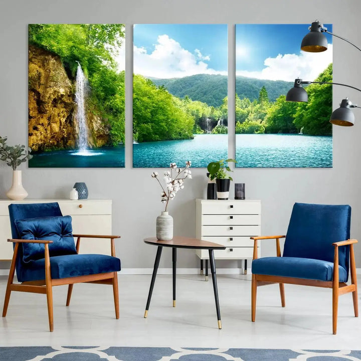 A triptych of big waterfalls in a forest with a mountain view, printed on museum-quality canvas with a UV-protective coating, is ready to elevate your space.