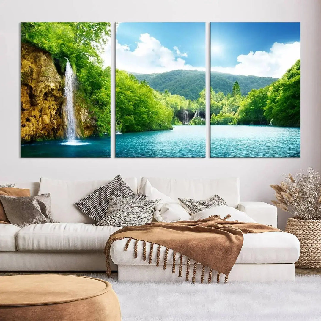 A triptych of big waterfalls in a forest with a mountain view, printed on museum-quality canvas with a UV-protective coating, is ready to elevate your space.