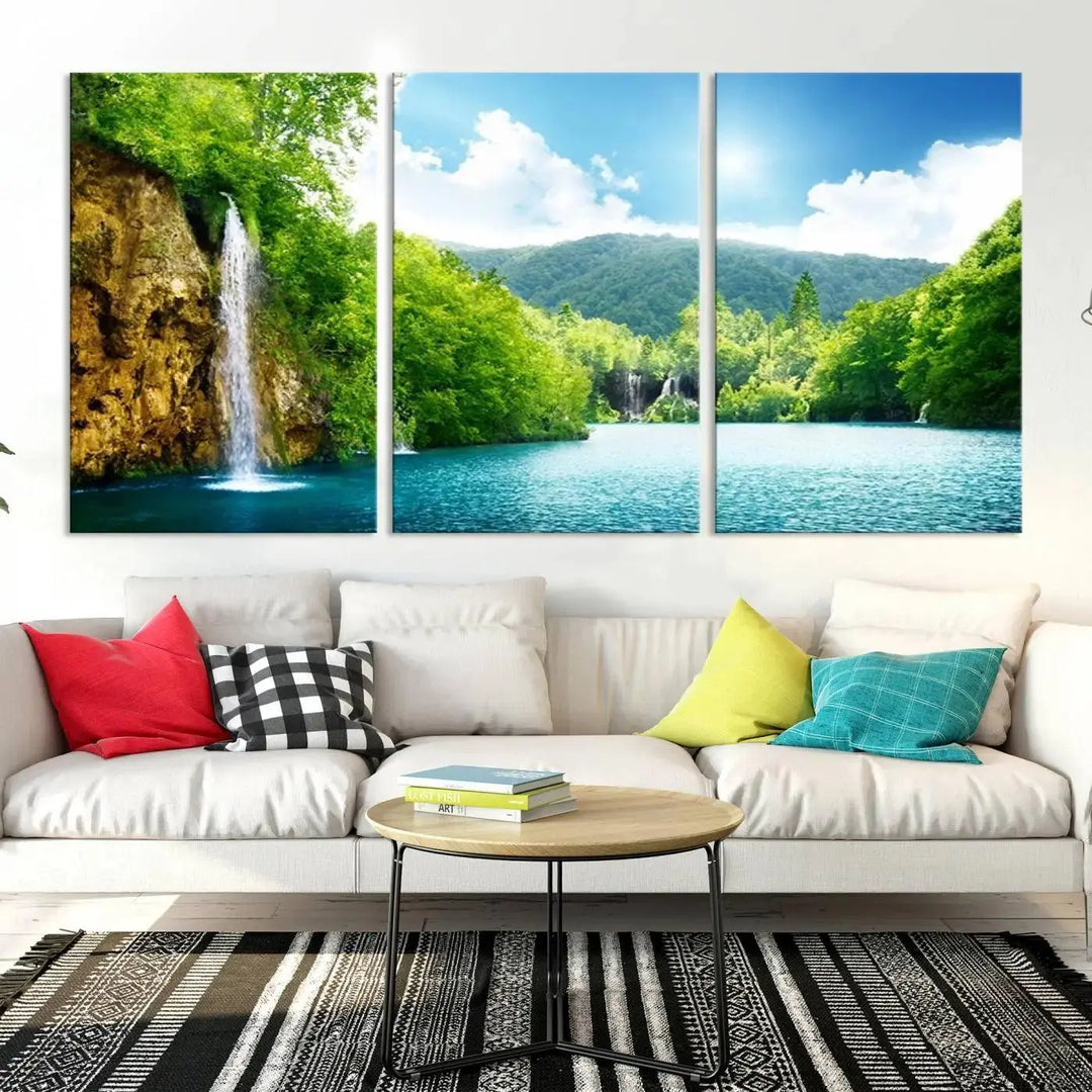 A triptych of big waterfalls in a forest with a mountain view, printed on museum-quality canvas with a UV-protective coating, is ready to elevate your space.