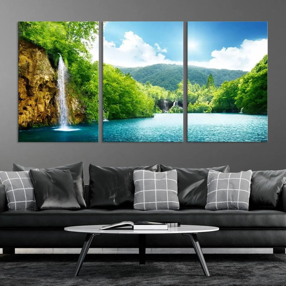 A triptych of big waterfalls in a forest with a mountain view, printed on museum-quality canvas with a UV-protective coating, is ready to elevate your space.