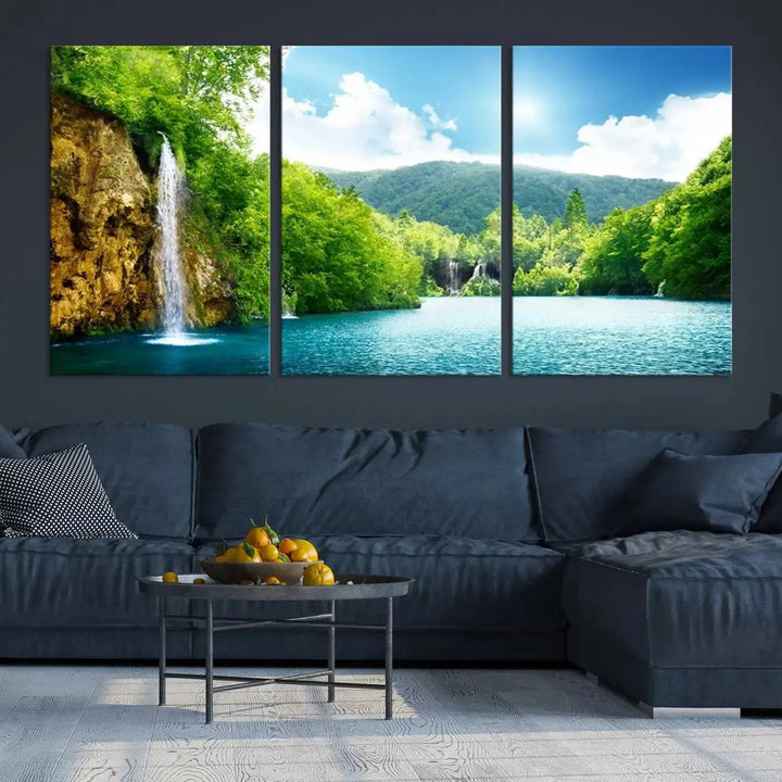 A triptych of big waterfalls in a forest with a mountain view, printed on museum-quality canvas with a UV-protective coating, is ready to elevate your space.