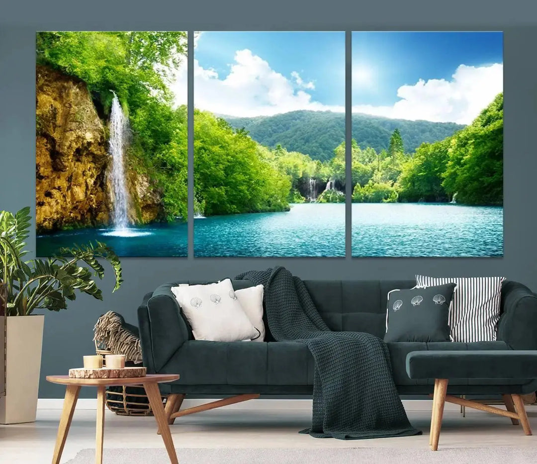 A triptych of big waterfalls in a forest with a mountain view, printed on museum-quality canvas with a UV-protective coating, is ready to elevate your space.