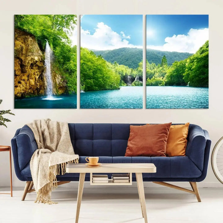 A triptych of big waterfalls in a forest with a mountain view, printed on museum-quality canvas with a UV-protective coating, is ready to elevate your space.