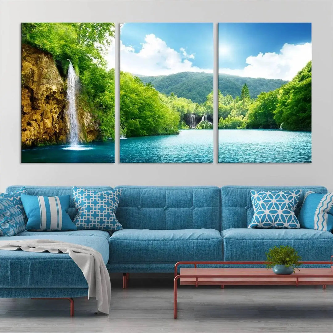 A triptych of big waterfalls in a forest with a mountain view, printed on museum-quality canvas with a UV-protective coating, is ready to elevate your space.