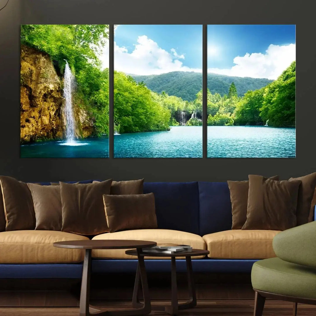 A triptych of big waterfalls in a forest with a mountain view, printed on museum-quality canvas with a UV-protective coating, is ready to elevate your space.