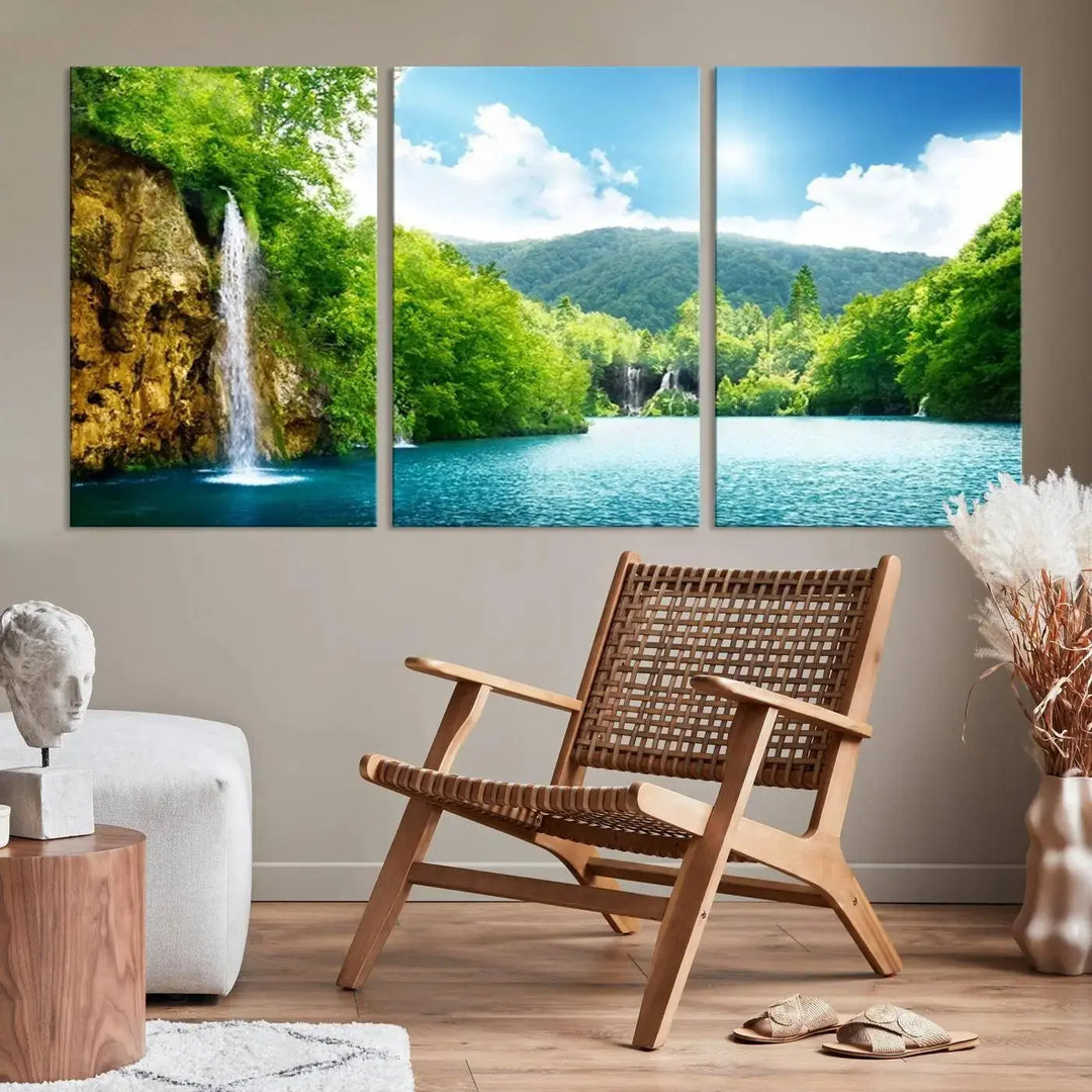 A triptych of big waterfalls in a forest with a mountain view, printed on museum-quality canvas with a UV-protective coating, is ready to elevate your space.