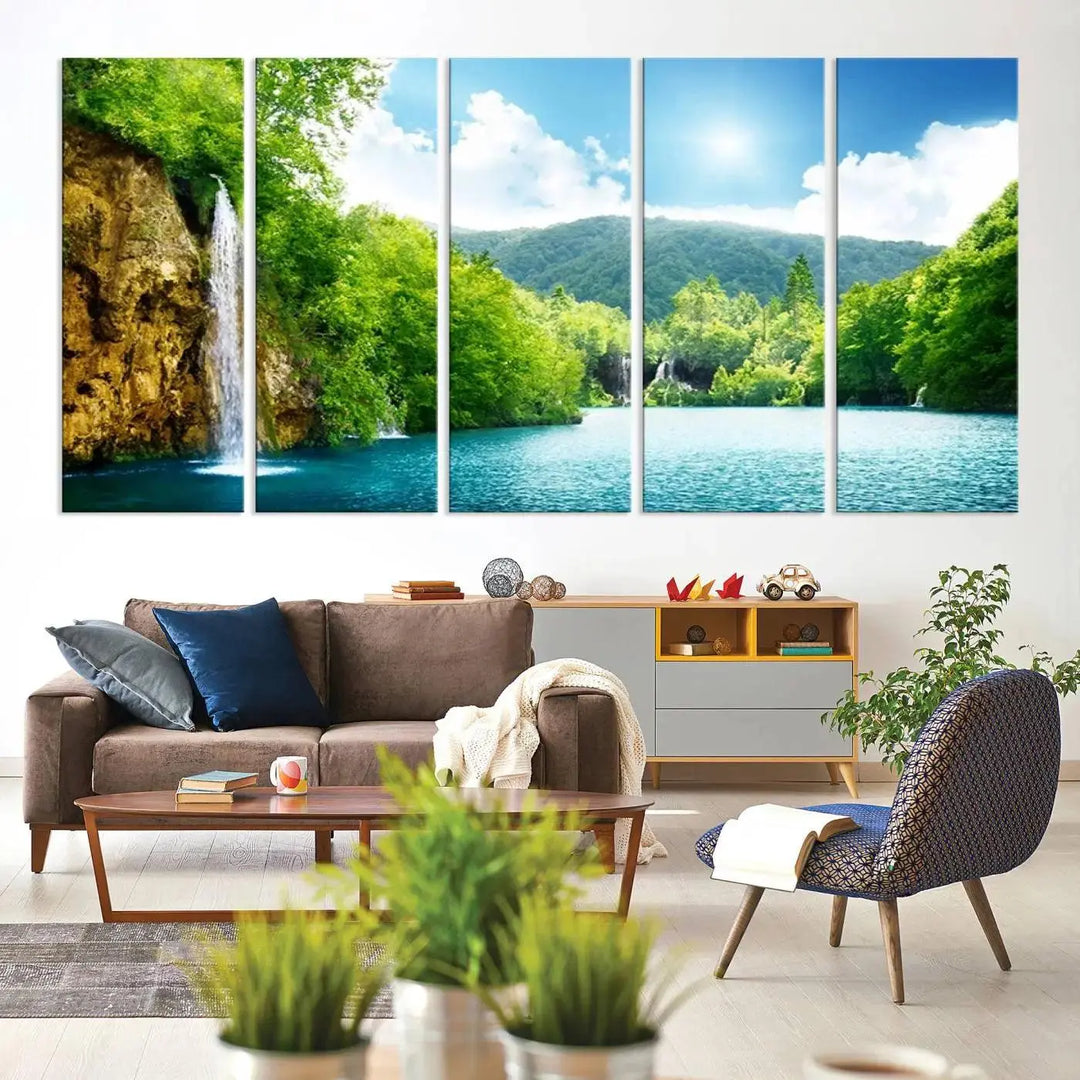 A triptych of big waterfalls in a forest with a mountain view, printed on museum-quality canvas with a UV-protective coating, is ready to elevate your space.