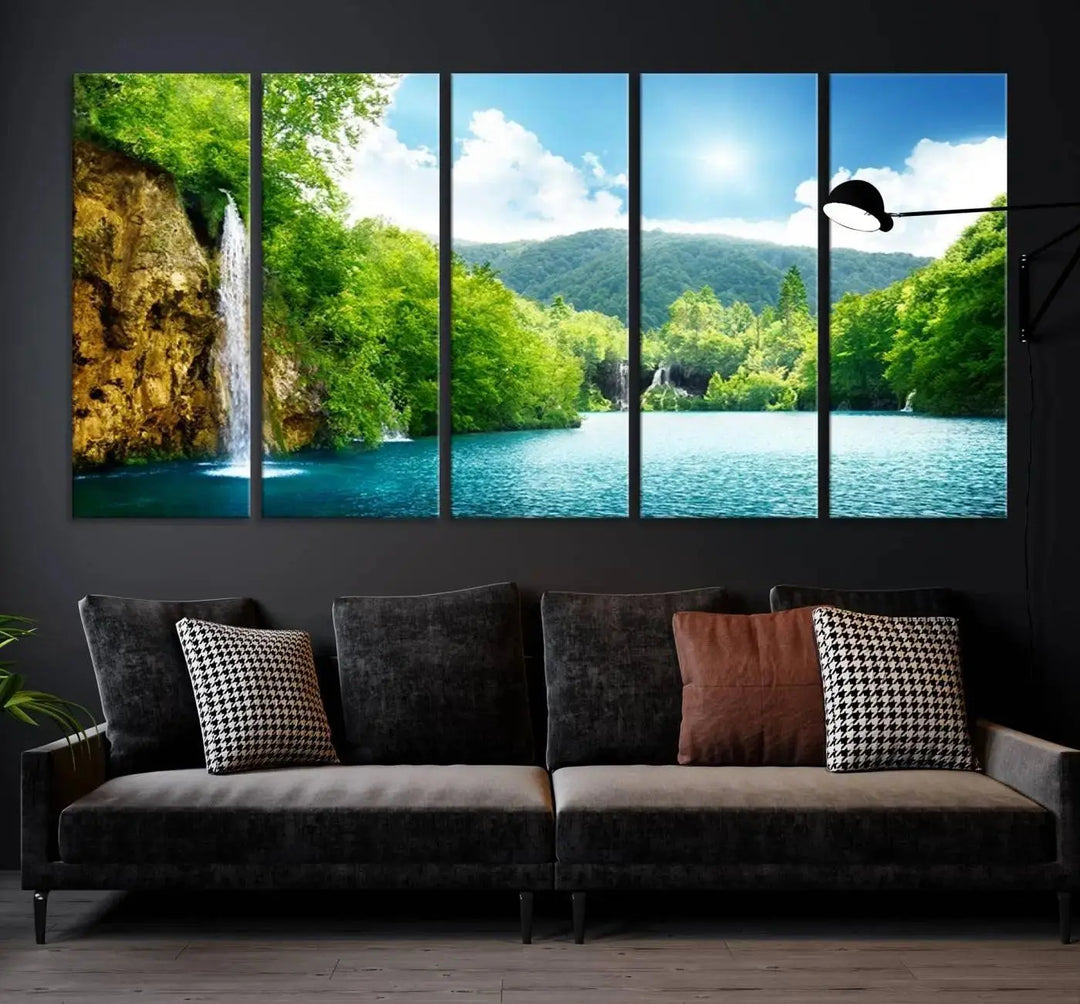 A triptych of big waterfalls in a forest with a mountain view, printed on museum-quality canvas with a UV-protective coating, is ready to elevate your space.