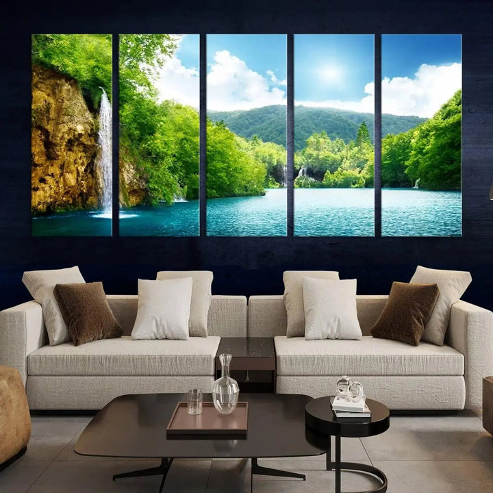 A triptych of big waterfalls in a forest with a mountain view, printed on museum-quality canvas with a UV-protective coating, is ready to elevate your space.