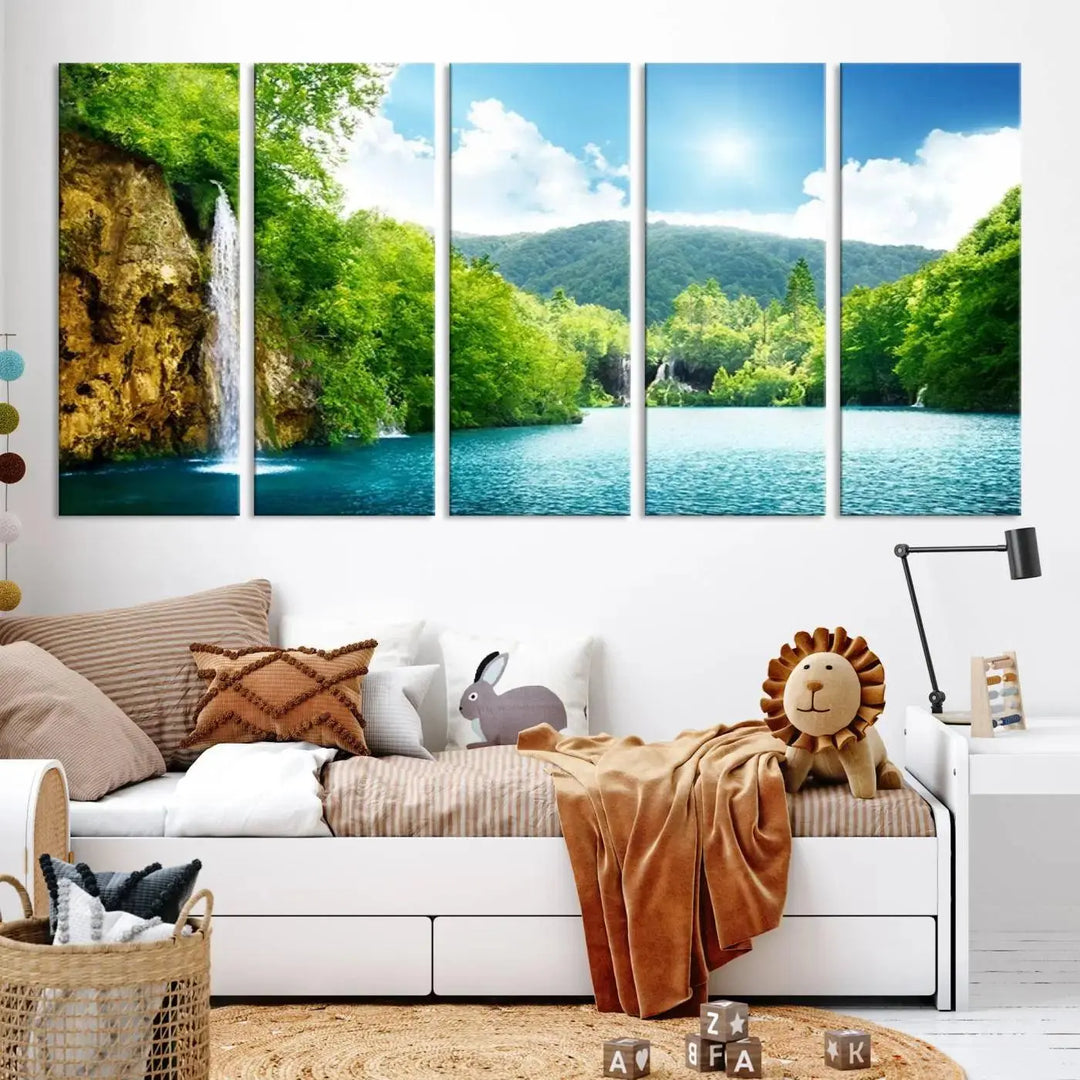 A triptych of big waterfalls in a forest with a mountain view, printed on museum-quality canvas with a UV-protective coating, is ready to elevate your space.