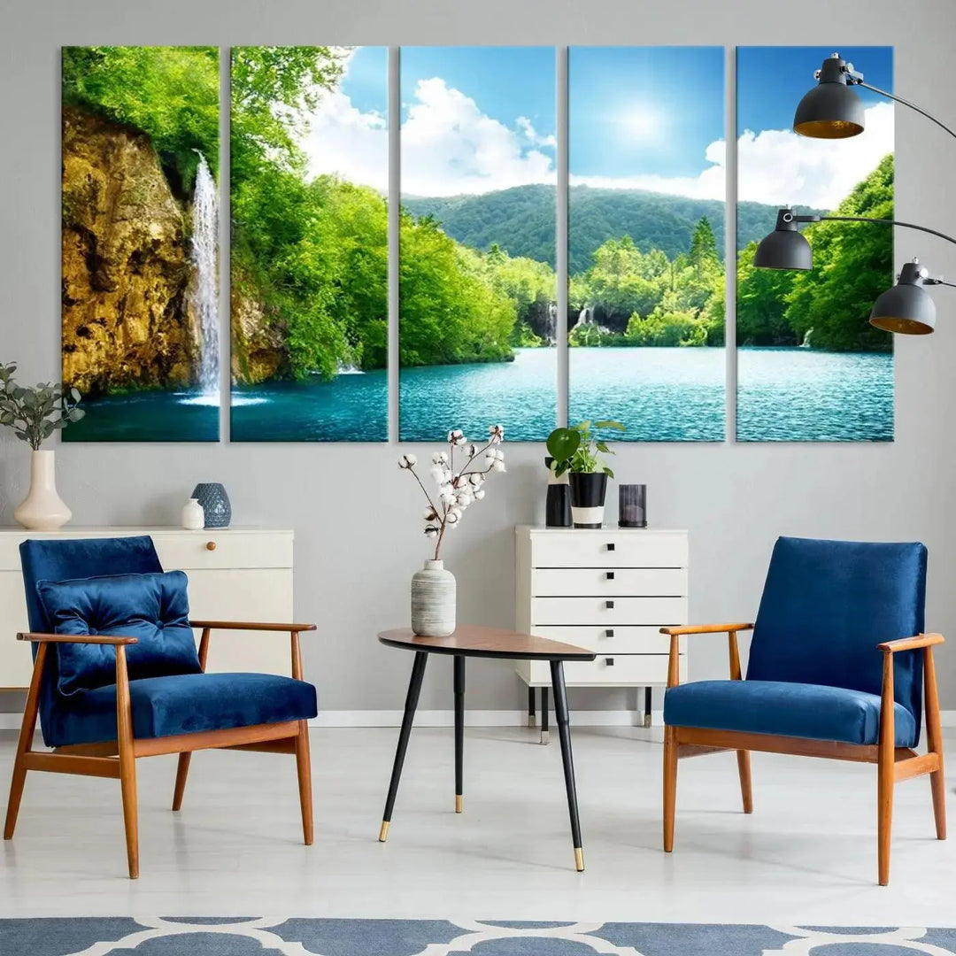 A triptych of big waterfalls in a forest with a mountain view, printed on museum-quality canvas with a UV-protective coating, is ready to elevate your space.