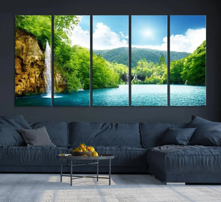 A triptych of big waterfalls in a forest with a mountain view, printed on museum-quality canvas with a UV-protective coating, is ready to elevate your space.