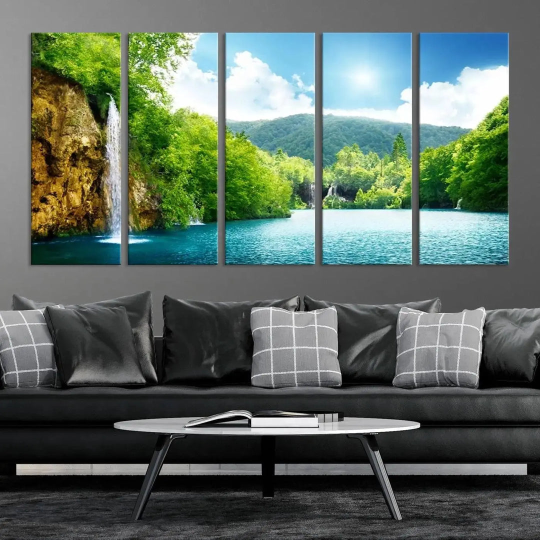 A triptych of big waterfalls in a forest with a mountain view, printed on museum-quality canvas with a UV-protective coating, is ready to elevate your space.