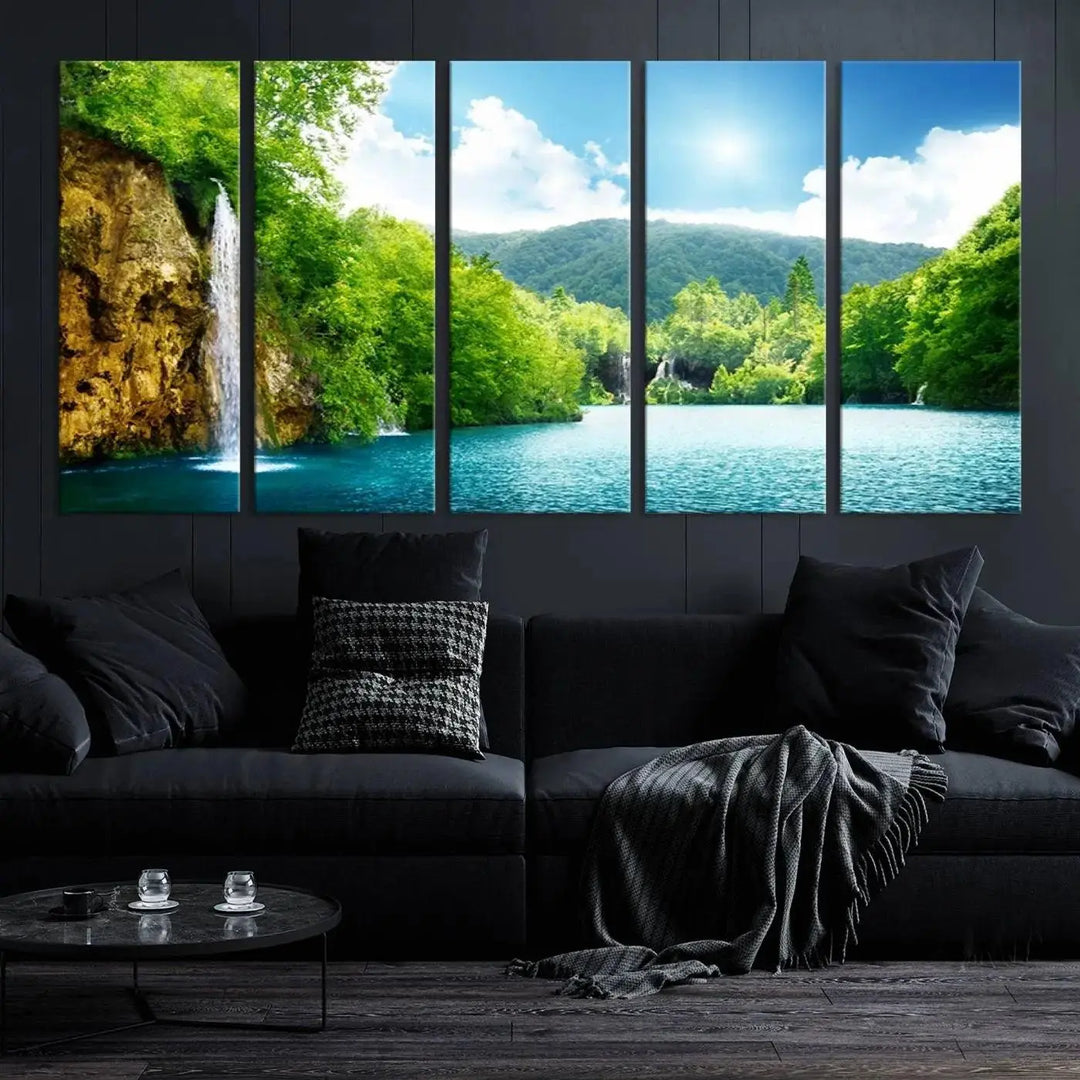 A triptych of big waterfalls in a forest with a mountain view, printed on museum-quality canvas with a UV-protective coating, is ready to elevate your space.