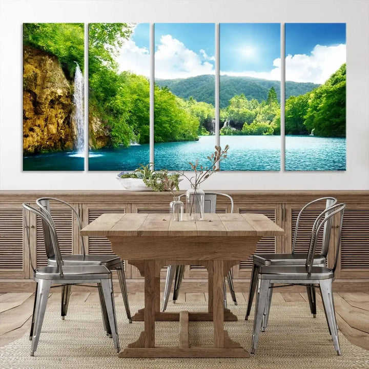 A triptych of big waterfalls in a forest with a mountain view, printed on museum-quality canvas with a UV-protective coating, is ready to elevate your space.