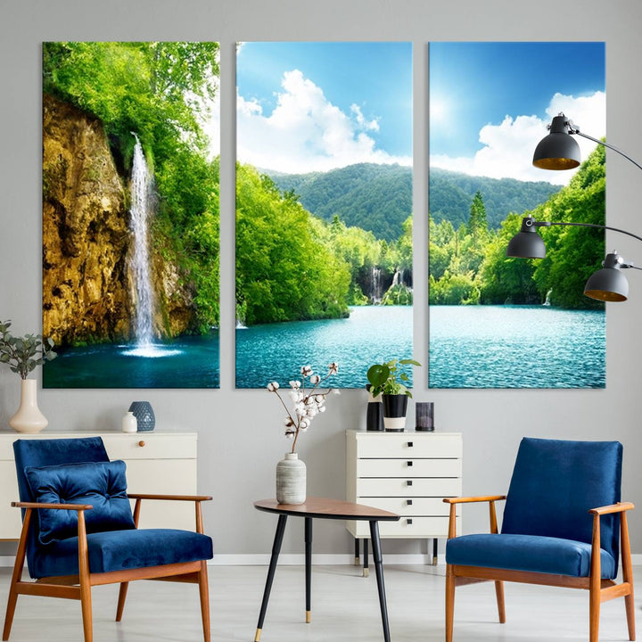 77184-MGV-CV-36X24-Wall Art Waterfall Canvas Print Big Waterfalls in Forest with Mountain View