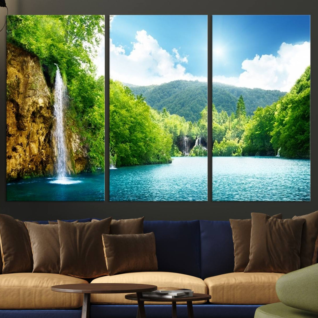 Wall Art Waterfall Canvas Print Big Waterfalls in Forest with Mountain View