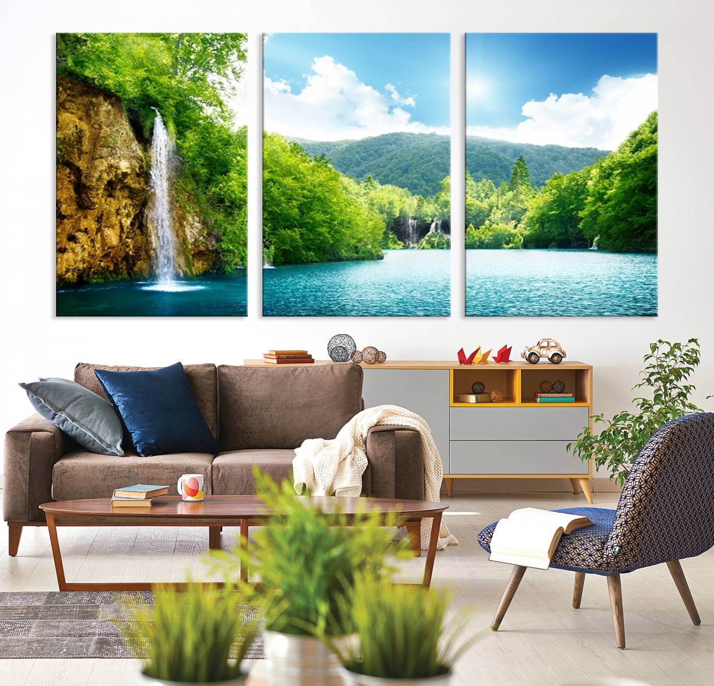 77184-MGV-CV-36X24-Wall Art Waterfall Canvas Print Big Waterfalls in Forest with Mountain View