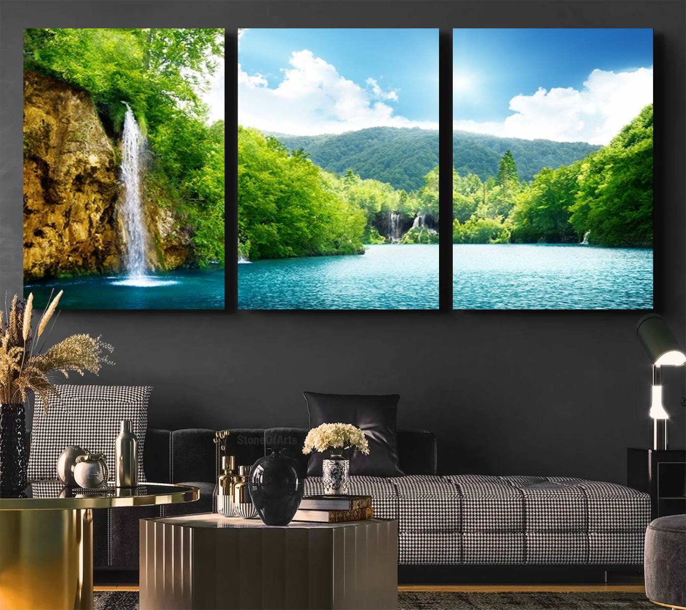 77184-MGV-CV-36X24-Wall Art Waterfall Canvas Print Big Waterfalls in Forest with Mountain View