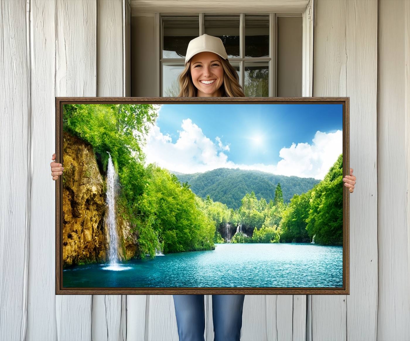 77184-MGV-CV-36X24-Wall Art Waterfall Canvas Print Big Waterfalls in Forest with Mountain View