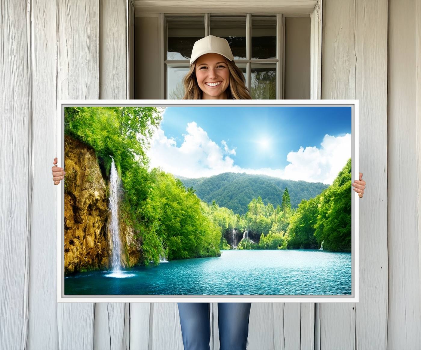 77184-MGV-CV-36X24-Wall Art Waterfall Canvas Print Big Waterfalls in Forest with Mountain View