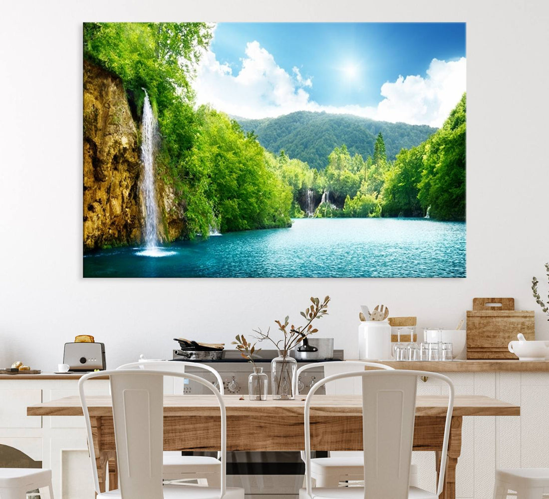 Wall Art Waterfall Canvas Print Big Waterfalls in Forest with Mountain View