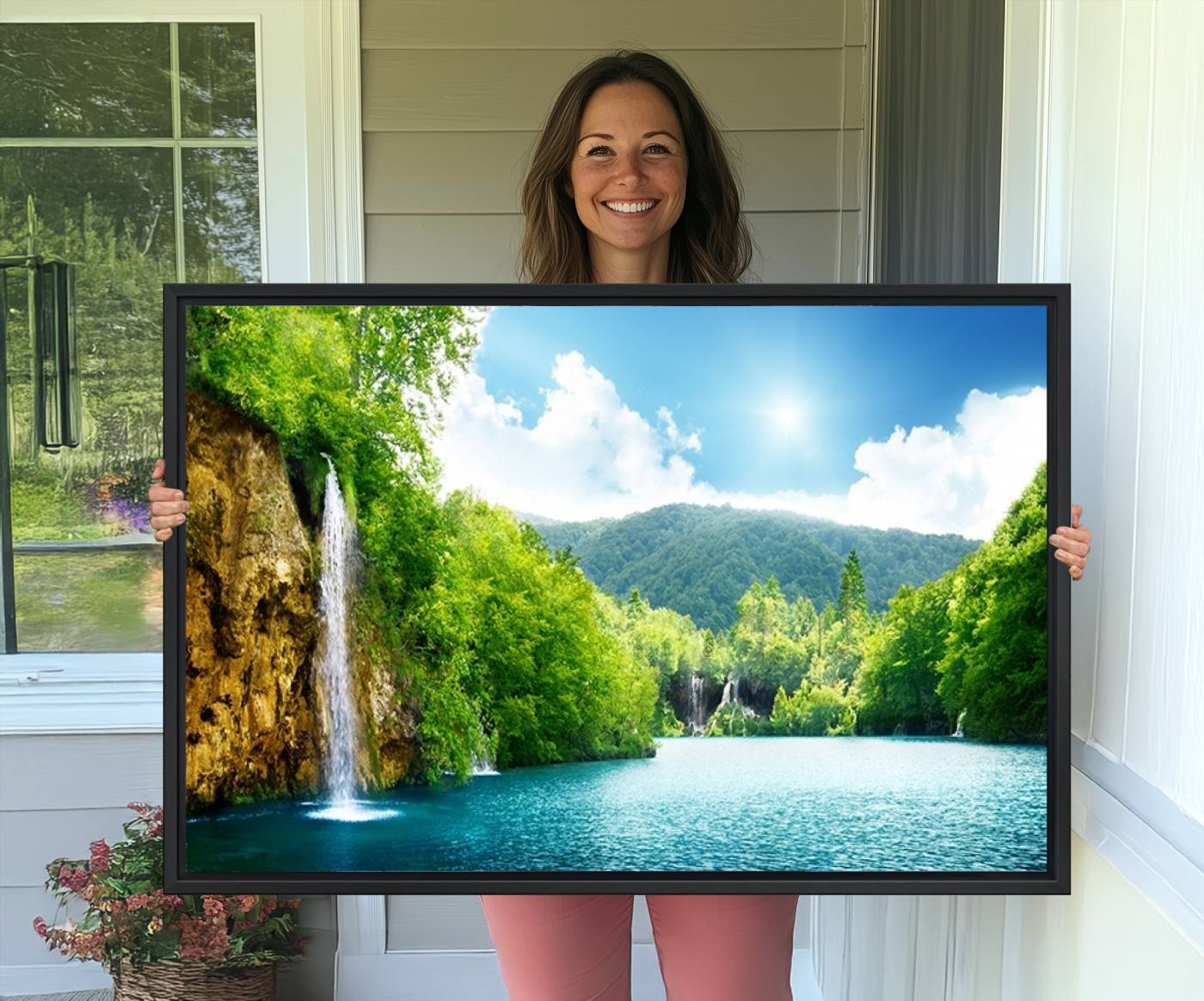 77184-MGV-CV-36X24-Wall Art Waterfall Canvas Print Big Waterfalls in Forest with Mountain View