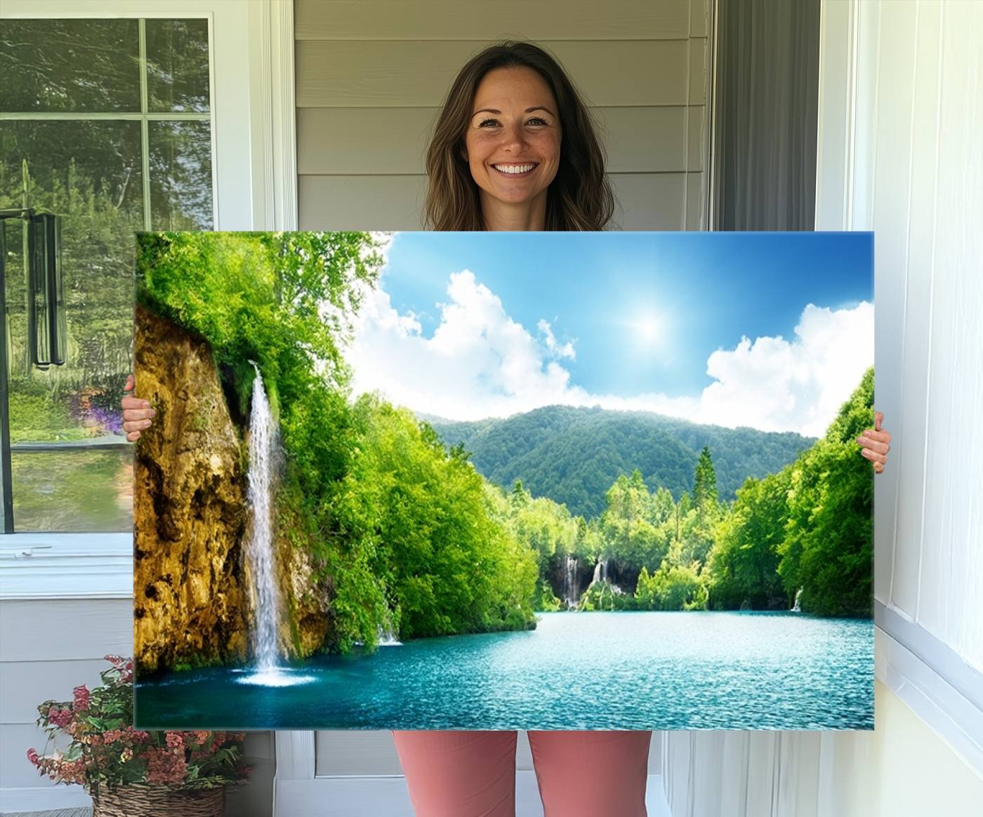 77184-MGV-CV-36X24-Wall Art Waterfall Canvas Print Big Waterfalls in Forest with Mountain View