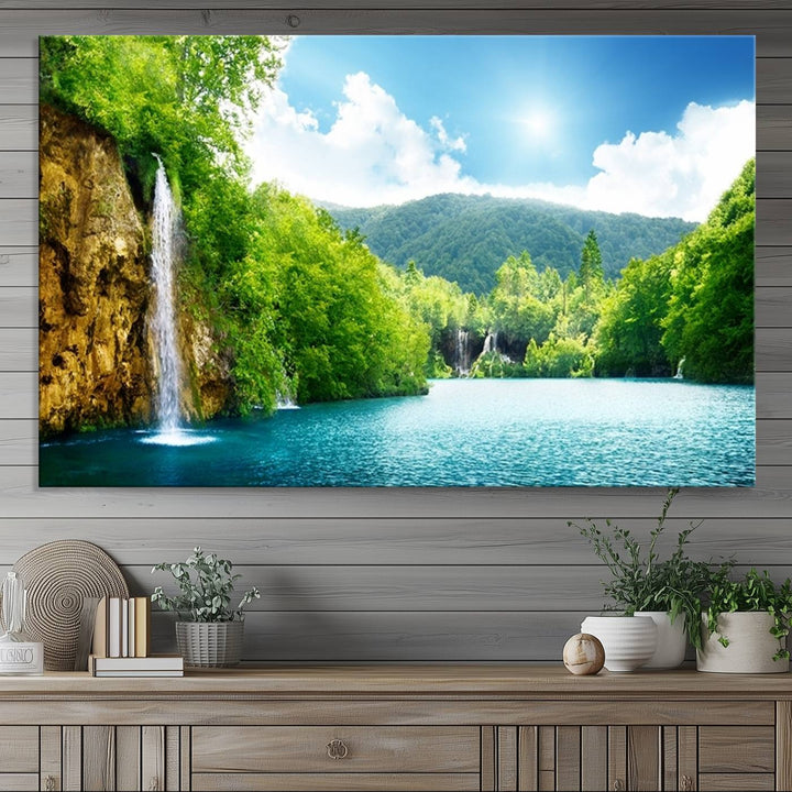 77184-MGV-CV-36X24-Wall Art Waterfall Canvas Print Big Waterfalls in Forest with Mountain View