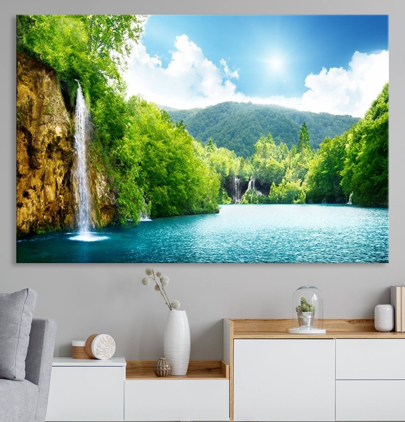 77184-MGV-CV-36X24-Wall Art Waterfall Canvas Print Big Waterfalls in Forest with Mountain View
