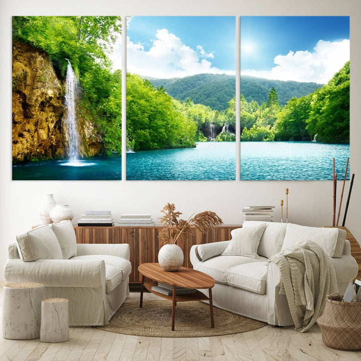 77184-MGV-CV-60X30-3P-Wall Art Waterfall Canvas Print Big Waterfalls in Forest with Mountain View