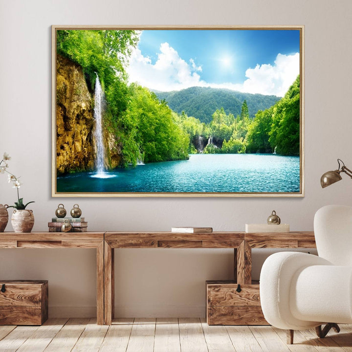 77184-MGV-FC-36X24_Natural-Wall Art Waterfall Canvas Print Big Waterfalls in Forest with Mountain View