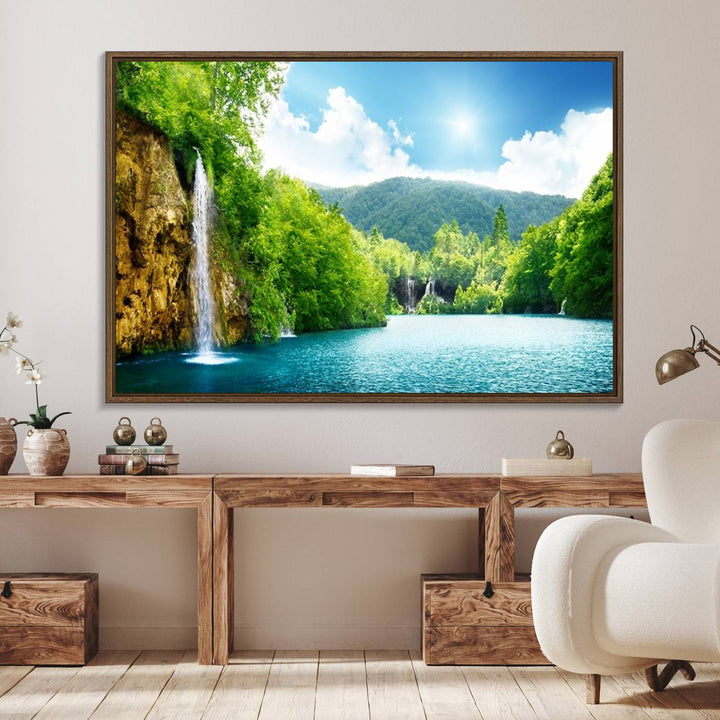 77184-MGV-FC-36X24_Walnut-Wall Art Waterfall Canvas Print Big Waterfalls in Forest with Mountain View