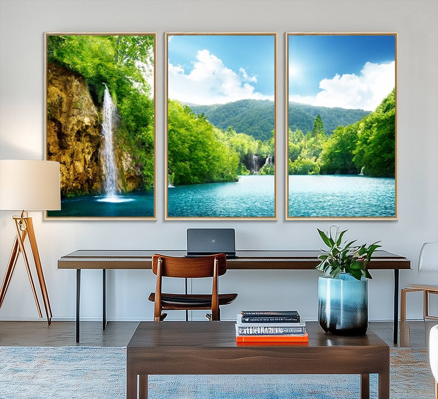 77184-MGV-FC-48X32-3P_Natural-Wall Art Waterfall Canvas Print Big Waterfalls in Forest with Mountain View