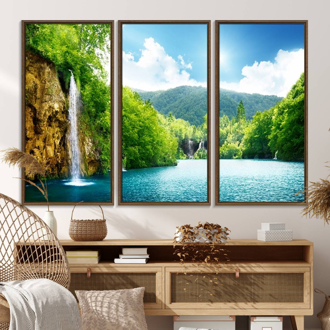 77184-MGV-FC-48X32-3P_Walnut-Wall Art Waterfall Canvas Print Big Waterfalls in Forest with Mountain View