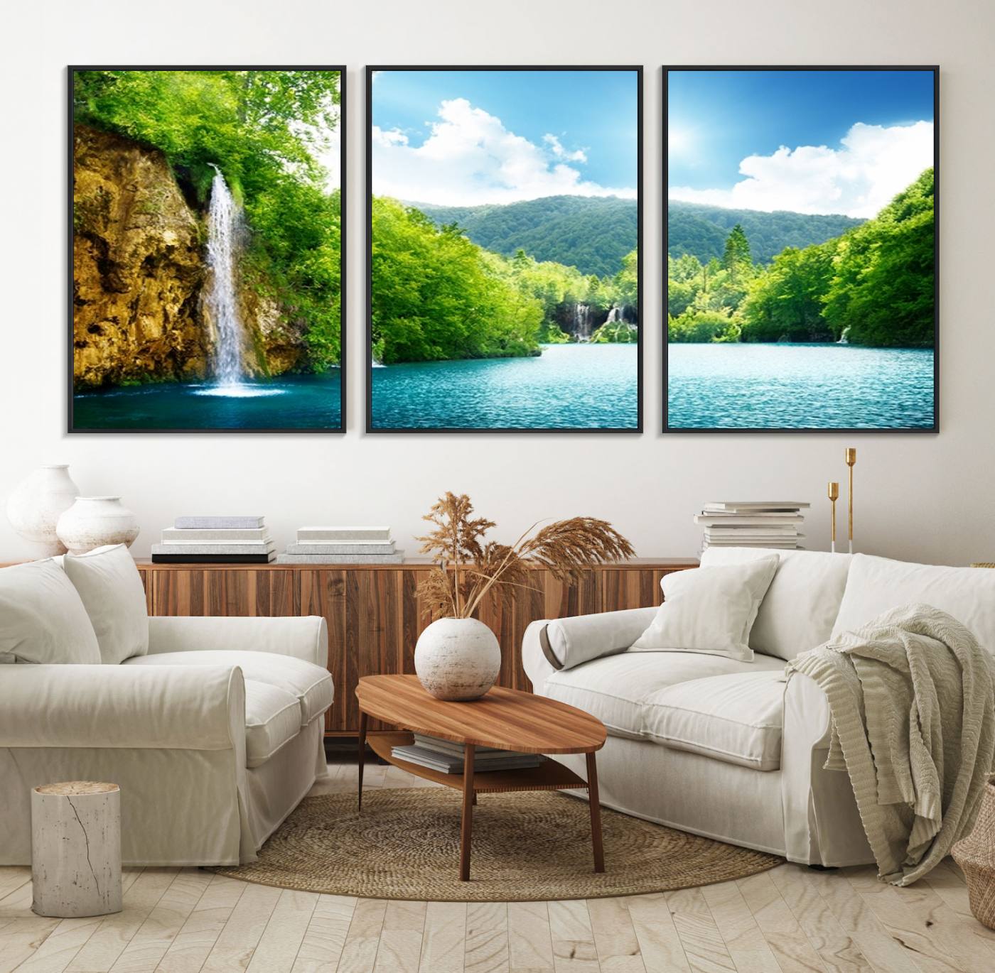 77184-MGV-FC-60X30-3P_Black-Wall Art Waterfall Canvas Print Big Waterfalls in Forest with Mountain View