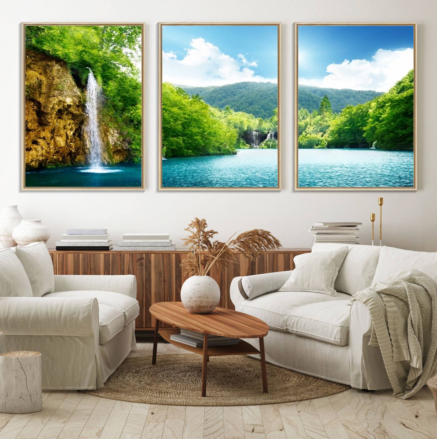77184-MGV-FC-60X30-3P_Natural-Wall Art Waterfall Canvas Print Big Waterfalls in Forest with Mountain View