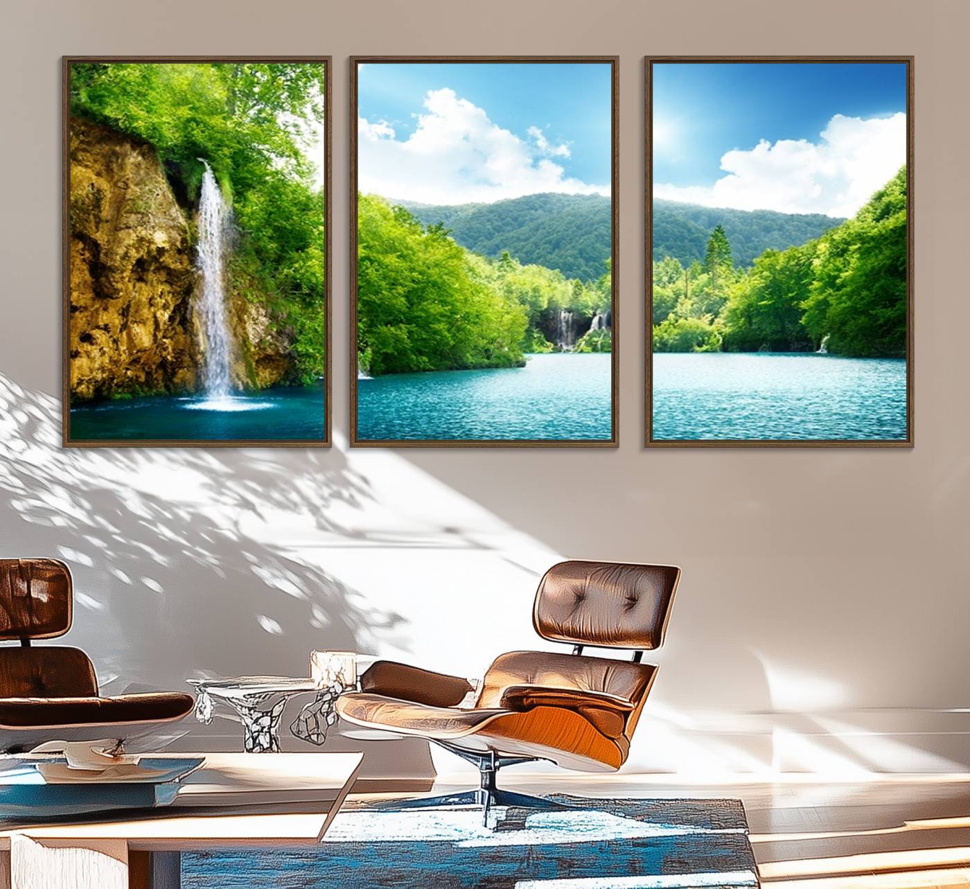 77184-MGV-FC-60X30-3P_Walnut-Wall Art Waterfall Canvas Print Big Waterfalls in Forest with Mountain View