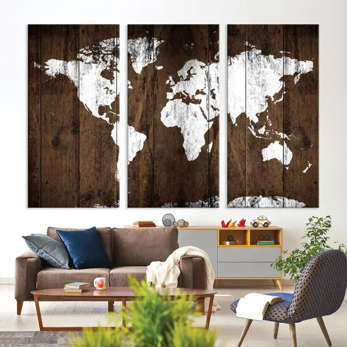 A striking wall art piece, the "Wall Art White World Map on Wooden Background Canvas Wall Art Print," adorns wooden panels. This expertly crafted triptych features a UV-protective coating for lasting vibrancy.