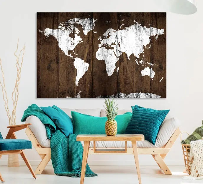 A striking wall art piece, the "Wall Art White World Map on Wooden Background Canvas Wall Art Print," adorns wooden panels. This expertly crafted triptych features a UV-protective coating for lasting vibrancy.