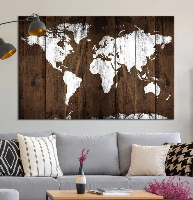 A striking wall art piece, the "Wall Art White World Map on Wooden Background Canvas Wall Art Print," adorns wooden panels. This expertly crafted triptych features a UV-protective coating for lasting vibrancy.