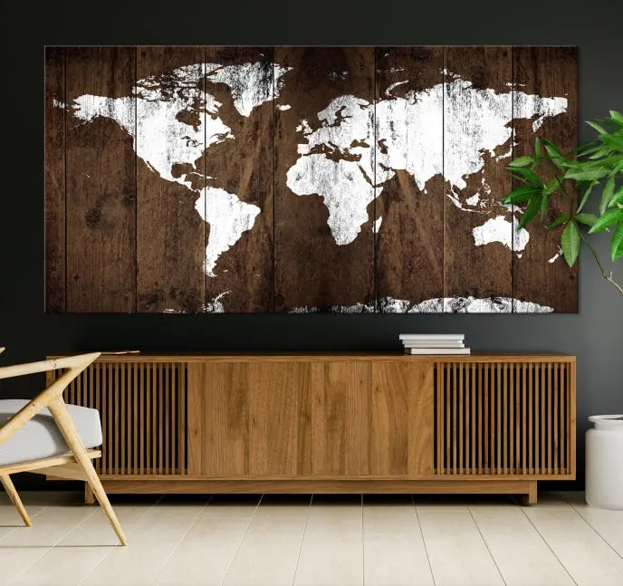 A striking wall art piece, the "Wall Art White World Map on Wooden Background Canvas Wall Art Print," adorns wooden panels. This expertly crafted triptych features a UV-protective coating for lasting vibrancy.