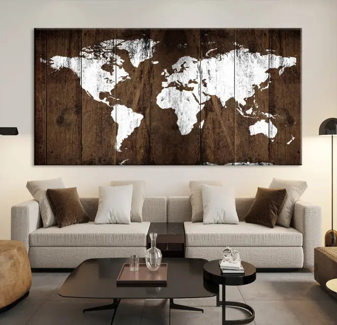 A striking wall art piece, the "Wall Art White World Map on Wooden Background Canvas Wall Art Print," adorns wooden panels. This expertly crafted triptych features a UV-protective coating for lasting vibrancy.