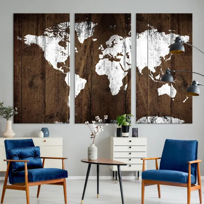 A striking wall art piece, the "Wall Art White World Map on Wooden Background Canvas Wall Art Print," adorns wooden panels. This expertly crafted triptych features a UV-protective coating for lasting vibrancy.