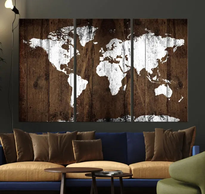 A striking wall art piece, the "Wall Art White World Map on Wooden Background Canvas Wall Art Print," adorns wooden panels. This expertly crafted triptych features a UV-protective coating for lasting vibrancy.