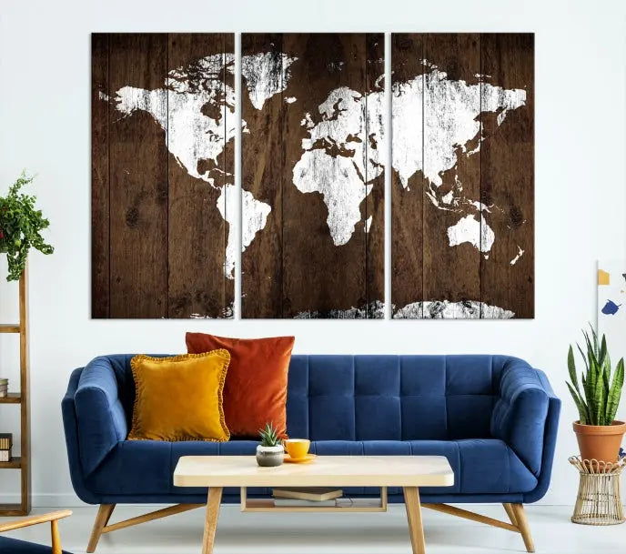 A striking wall art piece, the "Wall Art White World Map on Wooden Background Canvas Wall Art Print," adorns wooden panels. This expertly crafted triptych features a UV-protective coating for lasting vibrancy.