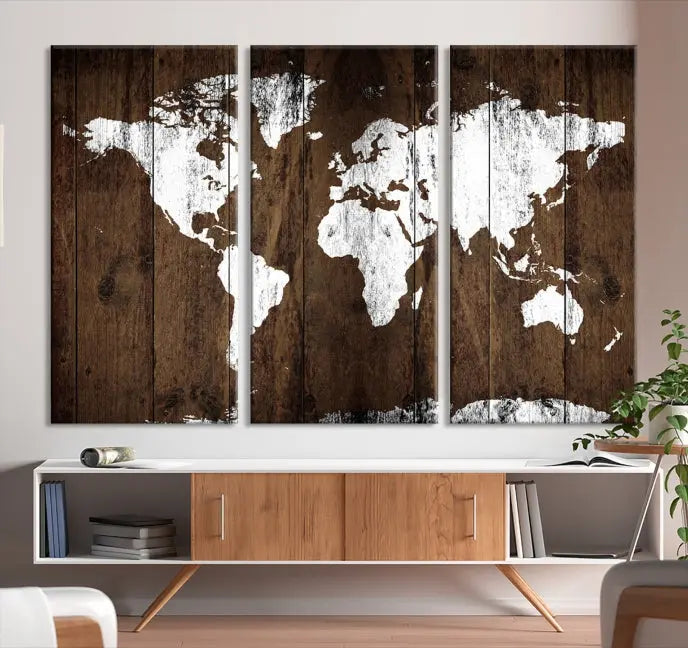 A striking wall art piece, the "Wall Art White World Map on Wooden Background Canvas Wall Art Print," adorns wooden panels. This expertly crafted triptych features a UV-protective coating for lasting vibrancy.